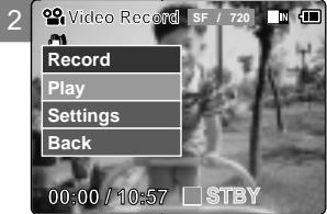 2 Video Record SF / 720 Record Play Settings Back 00:00 / 10:57 STBY