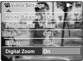 Video Settings White Balance Auto Program AE Auto BLC Off Effect Off Digital Zoom On