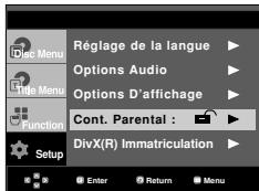 Réglage de la langue Options Audio Options D'affichage Cont. Parental : DivX(R) Immatriculation Setup Enter Return Menu