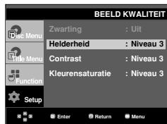 BEELD KWALITEIT Zwarting : Uit Helderheid : Niveau 3 Contrast : Niveau 3 Kleurensaturatie : Niveau 3 Setup Enter Return Menu
