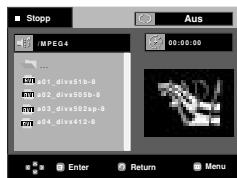 Stopp MPEG4 00:00:00 127_01_divx51b-8 127_02_divx505b-8 127_03_divx502sp-8 127_04_divx412-8 Enter Return Menu