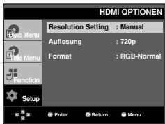 HDMI OPTIONEN Resolution Setting : Manual Auflösung : 720p Format : RGB-Normal Setup Enter Return Menu