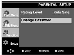 PARENTAL SETUP Rating Level :Kids Safe Change Password Enter Return Menu