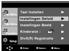 Taal Instellen Instellingen Geluid Instellingen Beeld Kinderslot : DivX(R) Registratie Setup Enter Return Menu