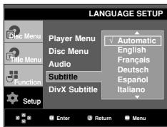 LANGUAGE SETUP Player Menu Disc Menu Audio Subtitle DivX Subtitle Automatic English Français Deutsch Español Italiano Enter Return Menu