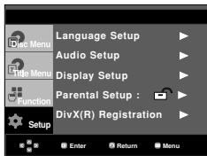 Language Setup Audio Setup Display Setup Parental Setup : DivX(R) Registration Setup Enter Return Menu