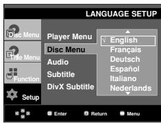 LANGUAGE SETUP Player Menu English Disc Menu Français Title Menu Deutsch Audio Spanish Subtitle Italiano Function DivX Subtitle Nederlands Setup Enter Return Menu