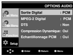 OPTIONS AUDIO Sortie Digital : PCM MPEG-2 Digital : PCM DTS : Non Compression Dynamique: Oui Echantillonnage PCM : Oui Setup Enter Return Menu