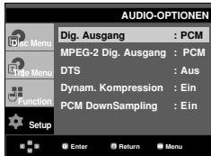 AUDIO-OPTIONEN Dig. Ausgang : PCM MPEG-2 Dig. Ausgang : PCM DTS : Aus Dynam. Kompression : Ein PCM DownSampling : Ein