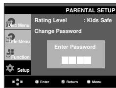 PARENTAL SETUP Rating Level : Kids Safe Change Password Enter Password Setup Enter Return Menu