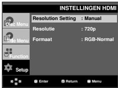 INSTELLINGEN HDMI Resolution Setting : Manual Resolutie : 720p Formaat : RGB-Normal Setup Enter Return Menu