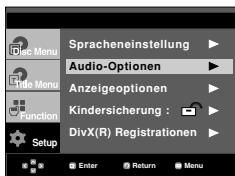 Spracheneinstellung Audio-Optionen Anzeigeoptionen Kindersicherung : DivX(R) Registrationen Enter Return Menu