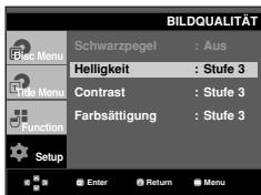 BILDQUALITÄT Schwarzpegel : Aus Helligkeit : Stufe 3 Contrast : Stufe 3 Farbsättigung : Stufe 3 Setup Enter Return Menu