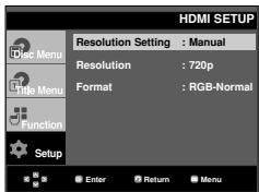 HDMI SETUP Resolution Setting : Manual Resolution : 720p Format : RGB-Normal Title Menu Function Setup Enter Return Menu