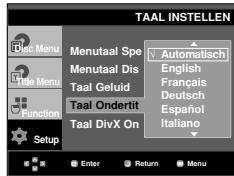 TAAL INSTELLEN Menu Title Menu Function Setup Menutaal Spe Automatisch Menutaal Dis English Taal Geluid Français Taal Ondertit Deutsch Taal DivX On Español Italiano Enter Return Menu