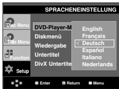 SPRACHENEINSTELLUNG Dirc Menu Diskmenü Wiedergabe Untertitel DivX Untertite English Français Deutsch Español Italiano Nederlands Setup Enter Return Menu