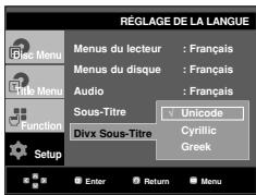 RÉGLAGE DE LA LANGUE Menu du lecteur : Français Menu du disque : Français Audio : Français Sous-Titre Unicode Divx Sous-Titre Cyrillic Greek Setup Enter Return Menu
