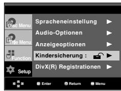 Spracheneinstellung Audio-Optionen Anzeigeoptionen Kindersicherung : DivX(R) Registrationen Enter Return Menu