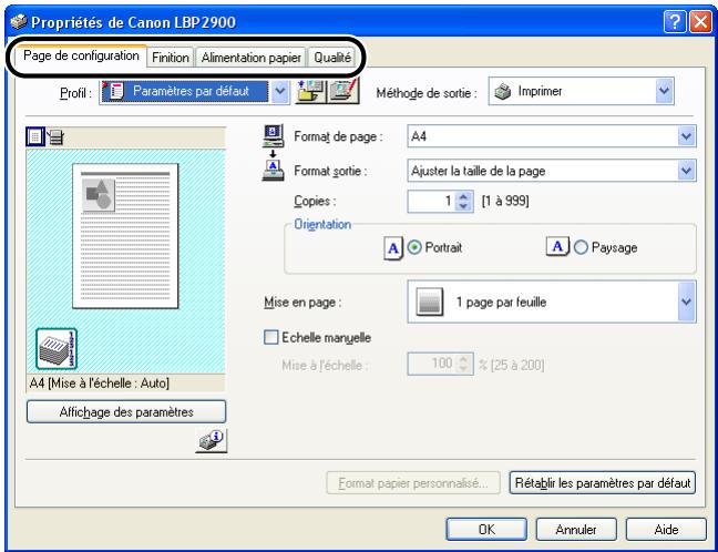 CANON LBP-2900 - Spécifiez les options d'impression dans les onglets [page de configuration], [finition], [alimentation papier] et [qualité]. - 1