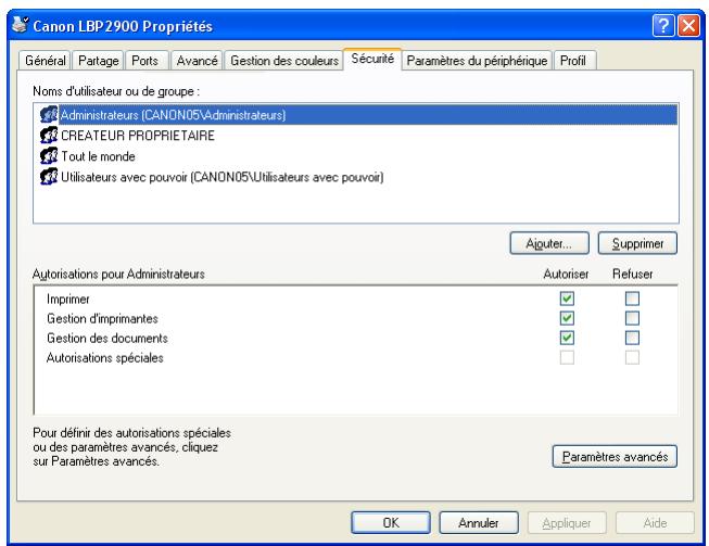 CANON LBP-2900 - Onglet [sécurité] (windows 2000/xp/server 2003 uniquement) - 2