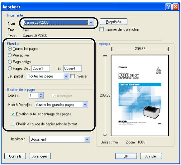 CANON LBP-2900 - Sélectionnez cette imprimante dans la liste [nom] ou [nom de l'imprimante], puis sélectionnez vos options d'impression. - 1