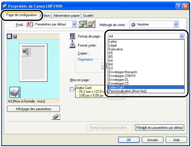 CANON LBP-2900 - Affichez l'onglet [page de configuration], puis attribuez une valeur au champ [format de page] correspondant à la taille du document que vous créez dans l'application. - 1