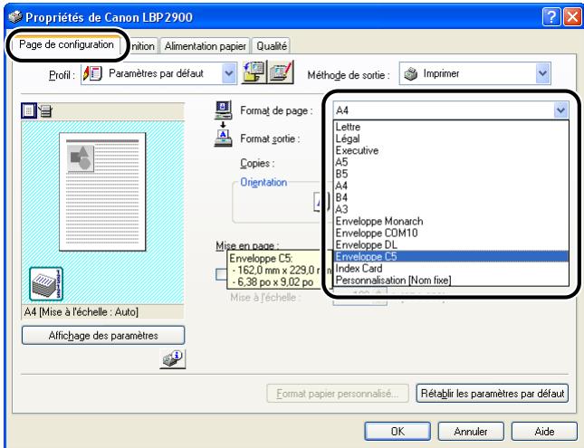 CANON LBP-2900 - Affichez l'onglet [page de configuration], puis attribuez une valeur au champ [format de page] correspondant à la taille du document que vous créez dans l'application. - 1