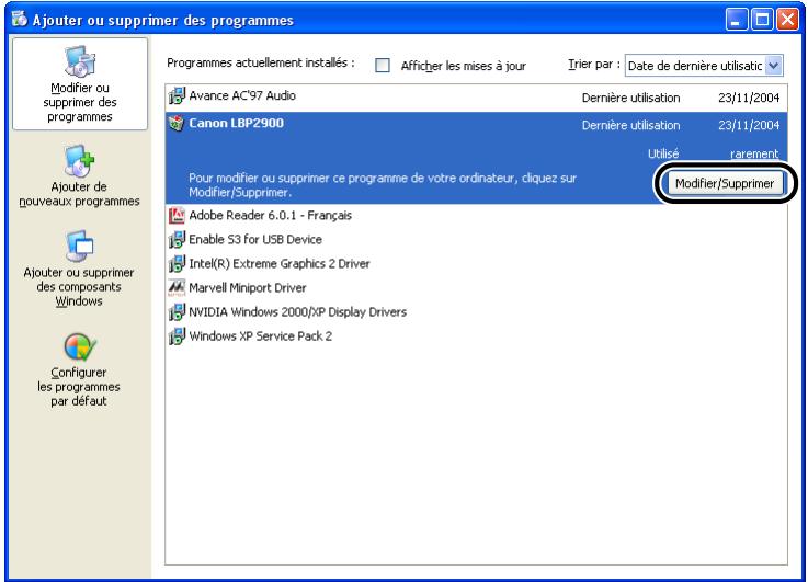 CANON LBP-2900 - Sélectionnez [canon LBP2900] dans la boîte de dialogue [ajouter ou supprimer des programmes], puis cliquez sur [modifier/supprimer]. - 1