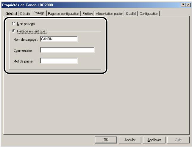 CANON LBP-2900 - Sélectionnez [partagé en tant que]. le cas échéant, changez le [nom de partage] puis saisissez un [commentaire] et un [mot de passe]. - 1
