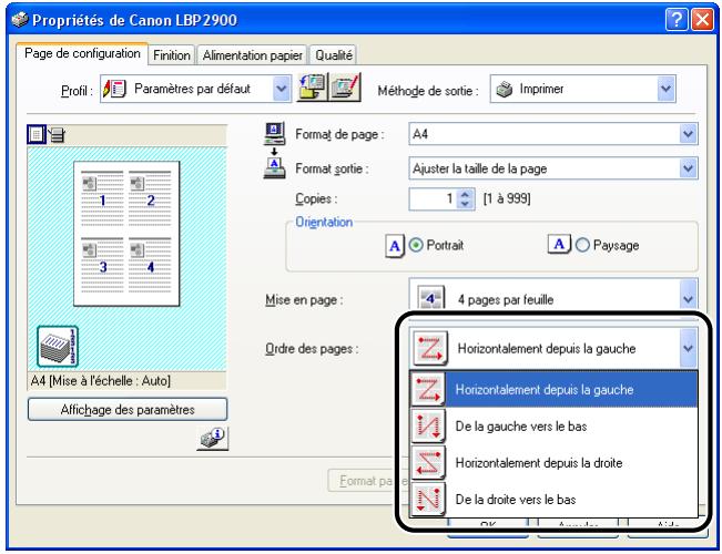 CANON LBP-2900 - Le paramètre [ordre des pages] s'affiche si le nombre de pages par feuille est 2, 4, 6, 8, 9 ou 16. utilisez ce paramètre pour sélectionner l'ordre d'impression des pages. - 1