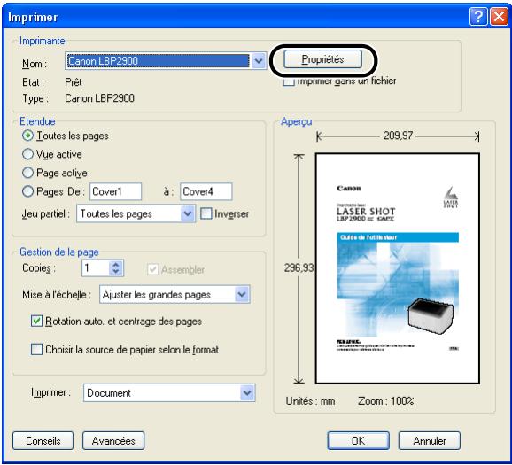 CANON LBP-2900 - Si vous souhaitez affiner davantage vos options d'impression, cliquez sur [propriétés] - 1