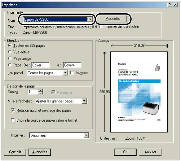 CANON LBP-2900 - Confirmez le nom de l'imprimante, puis cliquez sur [propriétés] - 1
