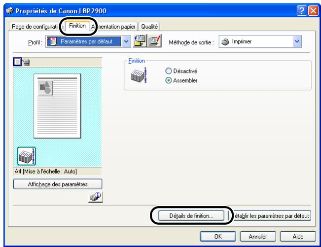 CANON LBP-2900 - Affichez l'onglet [finition] puis cliquez sur [détails de finition]. - 1