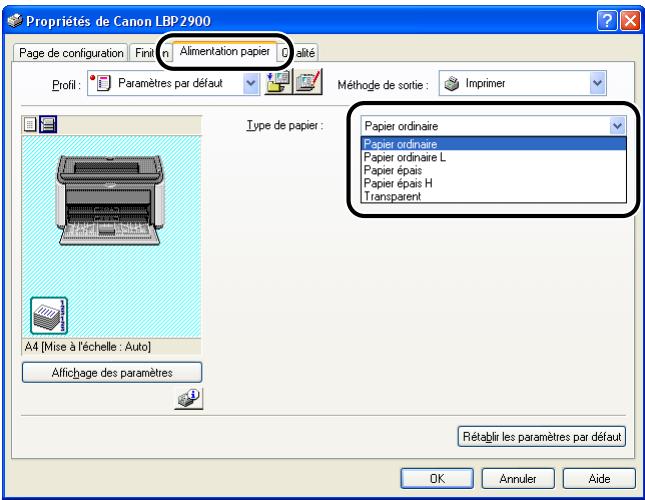 CANON LBP-2900 - Affichez l'onglet [alimentation papier], et définissez l'options [papier écrou], selon le type du papier inséré dans l'imprimante. - 1