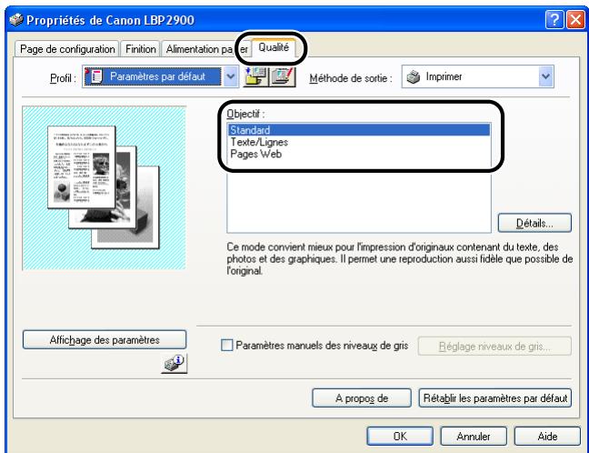 CANON LBP-2900 - Affichez l'onglet [qualité], puis sélectionnez le paramètre [objectif]. - 1