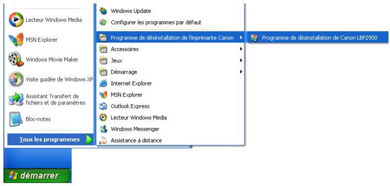 CANON LBP-2900 - Dans le menu [démarrer], sélectionnez [tous les programmes] → [programme de désinstallation de l'imprimante canon] → [programme de désinstallation de Canon LBP2900]. - 1