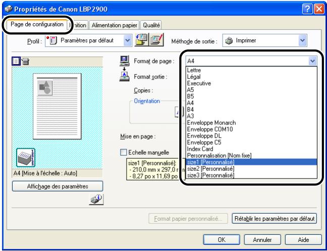 CANON LBP-2900 - Affichez l'onglet [page de configuration], puis attribuez une valeur au champ [format de page] correspondant à la taille du document que vous créez dans l'application. - 1