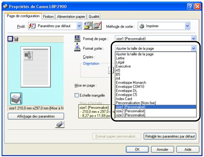 CANON LBP-2900 - Attribuez au paramètre [format sortie] le nom (format de page) du papier personnalisé inséré dans l'imprimante le cas échéant. - 1