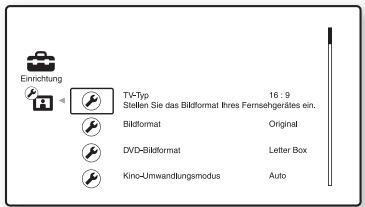 SONY BDV-F500 - Wahlen Sie mit ↑/↓ das Symbol für die Setup-Kategorie aus, in der Sie eine Änderung vornehmen wollen, und drücken Sie ⊙. - 1