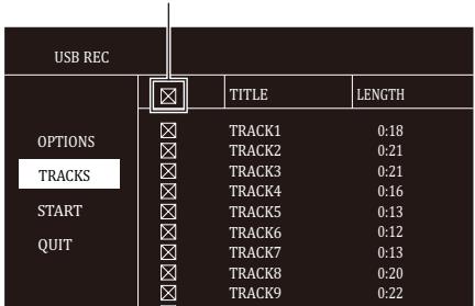 USB REC OPTIONS TRACKS START QUIT TITLE LENGTH TRACK1 0:18 TRACK2 0:21 TRACK3 0:21 TRACK4 0:16 TRACK5 0:13 TRACK6 0:12 TRACK7 0:13 TRACK8 0:20 TRACK9 0:22