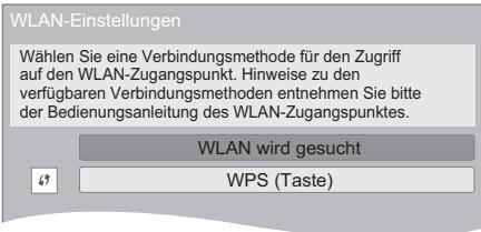WLAN-Einstellungen Wählen Sie eine Verbindungsmethode für den Zugriff auf den WLAN-Zugangspunkt. Hinweise zu den verfügbaren Verbindungsmethoden entnehmen Sie bitte der Bedienungsanleitung des WLAN-Zugangspunktes. WLAN wird gesucht WPS (Taste)
