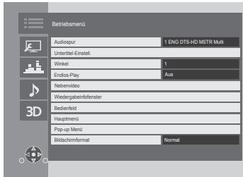 Behrebsmenä Audiospur 1 ENG DTS-HD MSTR Multi Unteritel-Einstell Winkel 1 Endos-Play Aus Nebenvideo Wiedergabeinfeiter Bedierfeld Hauptmenü Pop-up Menü Bildschemformat Nominal