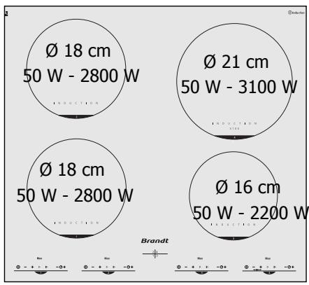 Ø 18 cm 50 W - 2800 W Ø 21 cm 50 W - 3100 W Ø 18 cm 50 W - 2800 W Ø 16 cm 50 W - 2200 W Brandt