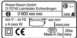 Robert Bosch GmbH D-70745 Leinfelden Echterdingen 0 600 xxx xxx xxx V ~ xx Hz x A xxxx W xxx mm xxxxxxx CE 820 Made in Ge 20xx nany