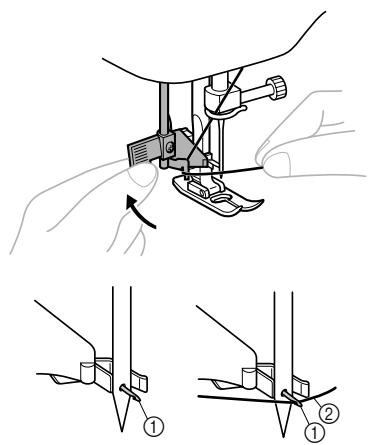 BROTHER XL-2600 - Tout en abaissant le levier d'enfilage de l'aiguille, accrochez le fil sur le guide. - 2