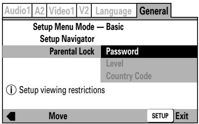 PIONEER DVJ-1000 - Servez-vous des 4 côtés (/∧/∨) de la touche du curseur pour naviguer sur [General] → [Parental Lock] → [Password] - 1