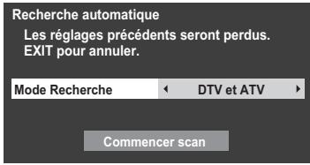 Recherche automatique Les réglages précédents seront perdus. EXIT pour annuler. Mode Recherche ← DTV et ATV ➤ Commencer scan
