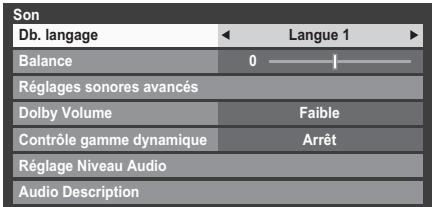 Son Db. langage ← Langue 1 ► Balance 0 | Réglages sonores avancés Dolby Volume Faible Contrôle gamme dynamique Arrêt Réglage Niveau Audio Audio Description