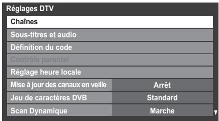 Réglages DTV Chains Sous-titres et audio Définition du code Contrôle parental Réglage heure locale Mise à jour des canaux en veille Arrêt Jeu de caractères DVB Standard Scan Dynamique Marche
