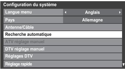 Configuration du système Langue menu Anglais Pays Allemagne Antenne/Câble Recherche automatique ATV réglage manuel DTV réglage manuel Réglages DTV Réglage rapide